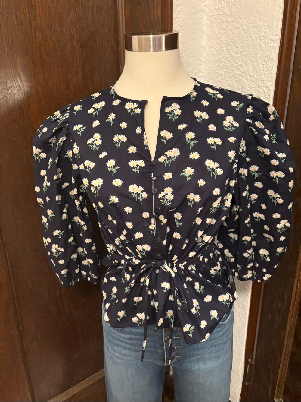H&M Navy Floral Tie-Waist Blouse